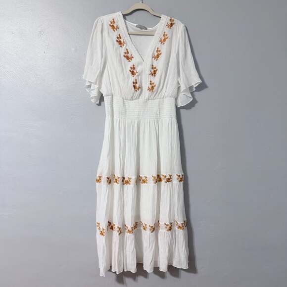 J Gee Dresses & Skirts - J Gee Embroidered Dress Size 2X White V-Neck Short Sleeve Maxi Boho, Cottagecore